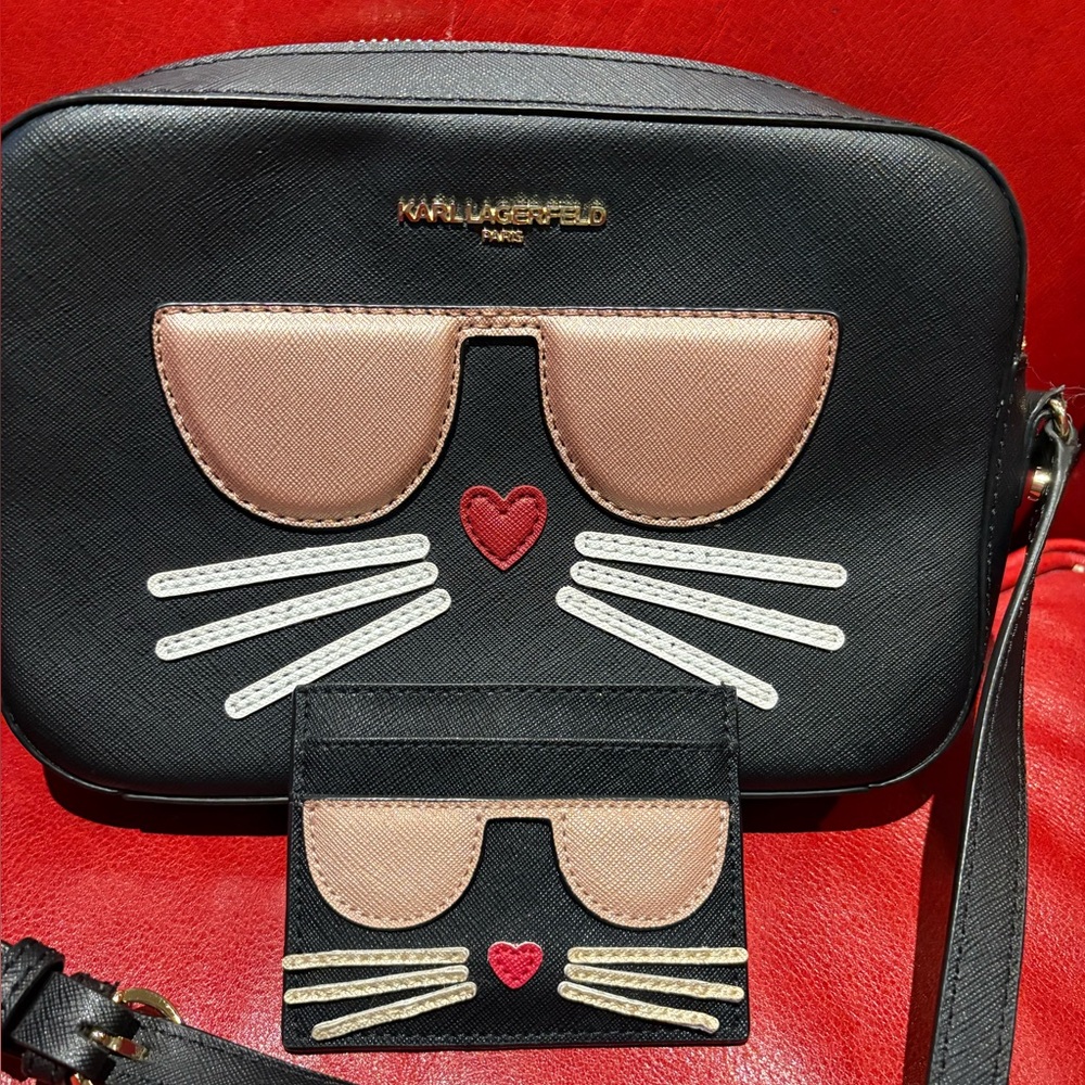 Karl lagerfeld black crossbody bag with cat face and matching card case